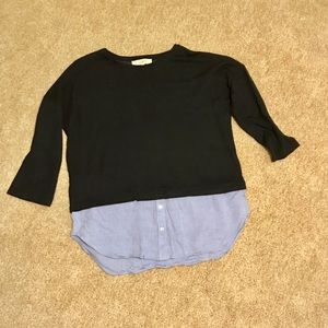 Navy Blue Sweater with Chambray Hem Blouse